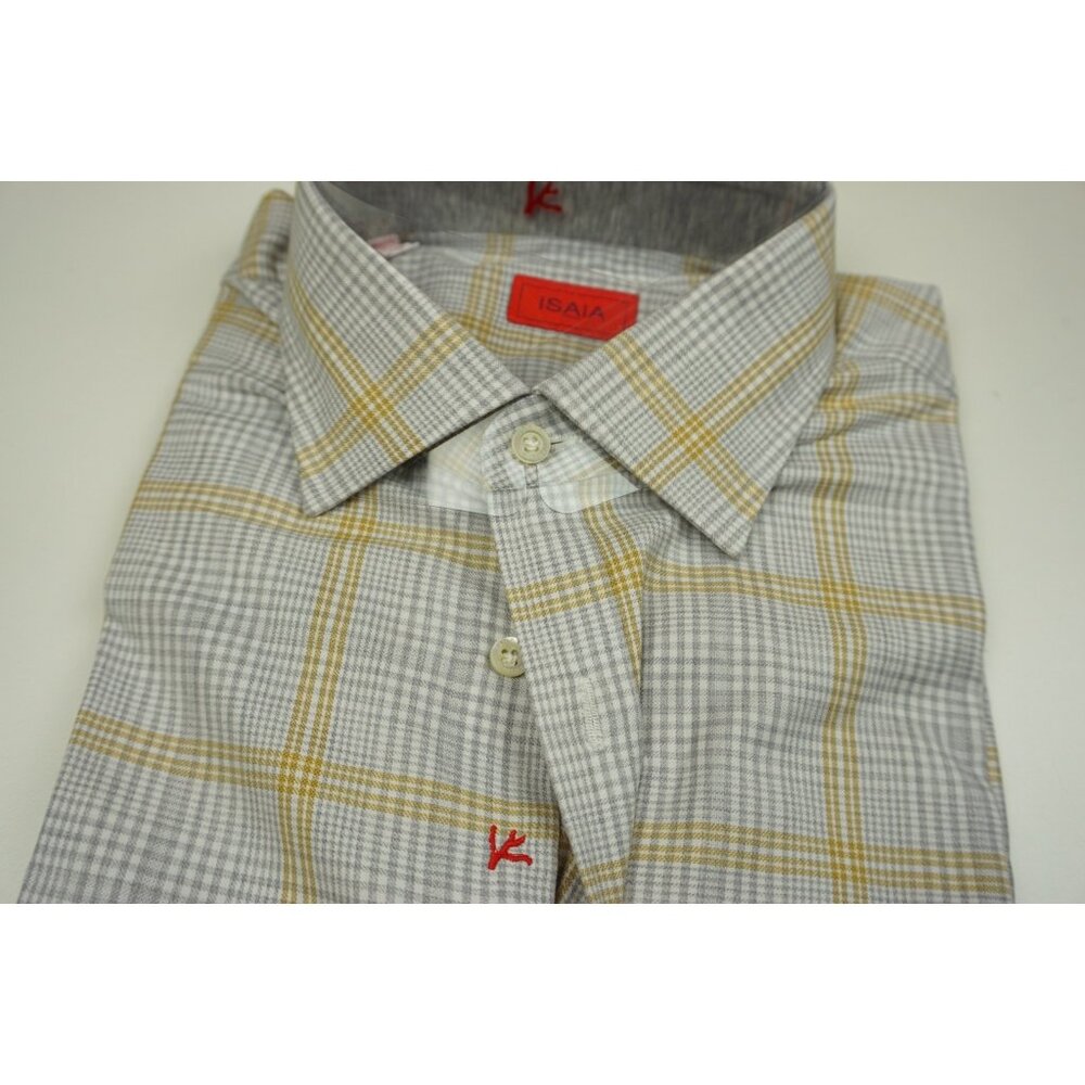 Isaia Gold Gray White Glen Plaid Long Sleeve Cotton Dress Shirt 15.5/39 NEW - Picture 4 of 5